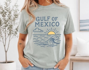 Comfort Colors Gulf of Mexico Sunset Waves T-Shirt, Beach Vacation Tee, Coastal Ocean Shirt, Vintage Style Summer Travel Top