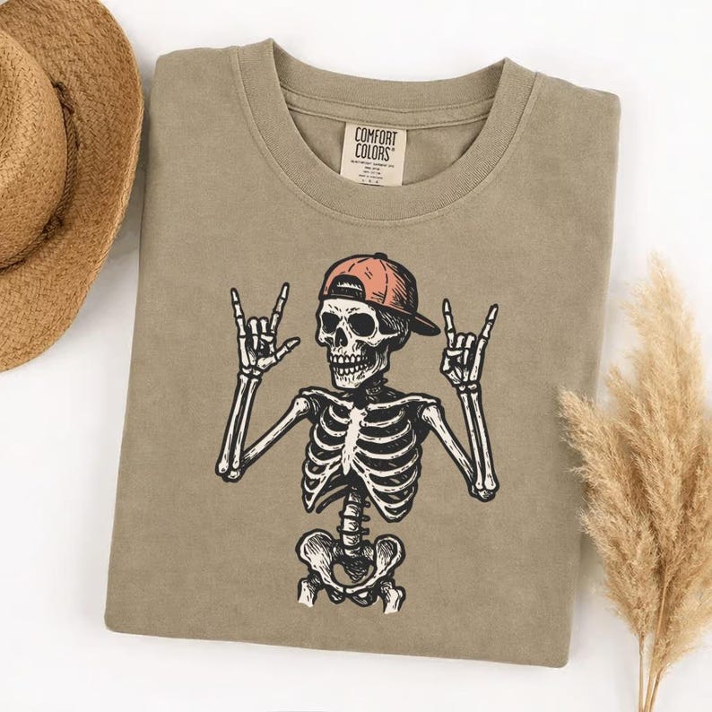 Comfort Colors Rock And Roll Skeleton T-Shirt, Skeleton Hand Rock On Tee, Rocker Skull Cap Shirt, Music Lover Gift, Halloween Concert Tee image 9