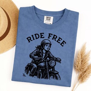 Comfort Colors Ride Free Motorcycle Shirt, Biker Graphic Tee, Vintage Rider T-Shirt, Open Road Freedom Apparel, Women's Motorcycle Top image 8