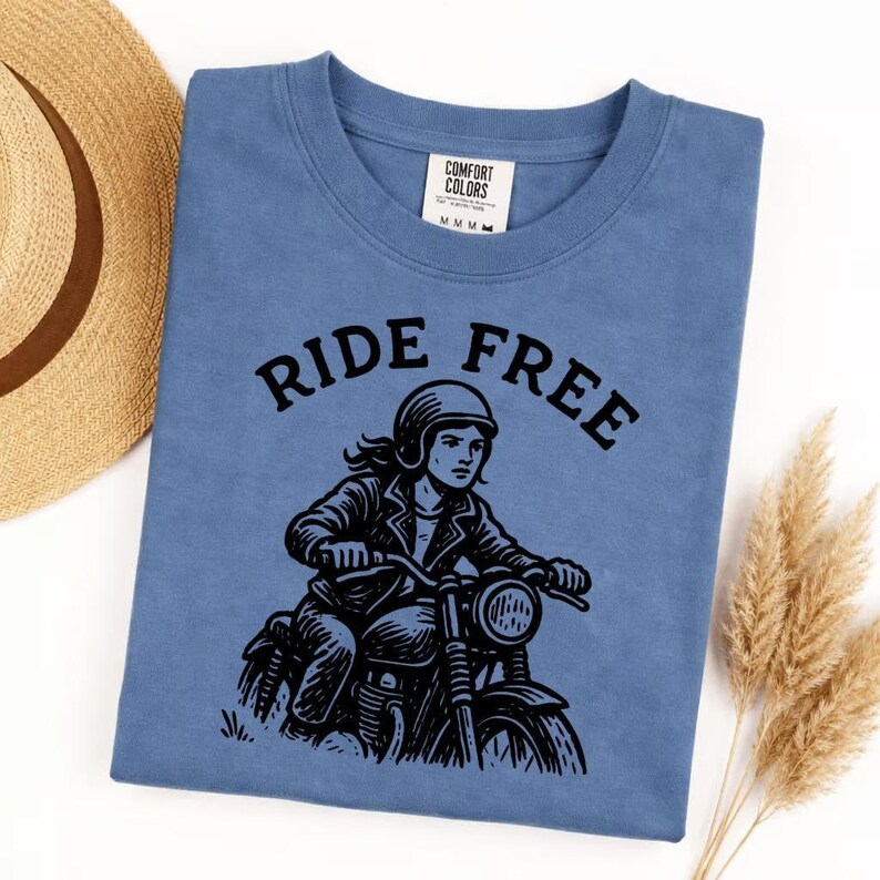 Comfort Colors Ride Free Motorcycle Shirt, Biker Graphic Tee, Vintage Rider T-Shirt, Open Road Freedom Apparel, Women's Motorcycle Top image 8