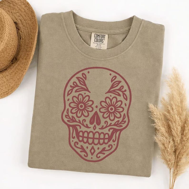 Comfort Colors Sugar Skull T-Shirt, Dia de los Muertos Floral Skull Tee, Day of the Dead Calavera Graphic Shirt, Mexican Fiesta Gift image 8