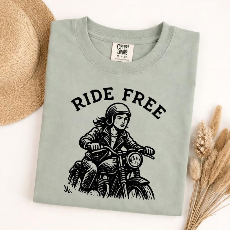 Comfort Colors Ride Free Motorcycle Shirt, Biker Graphic Tee, Vintage Rider T-Shirt, Open Road Freedom Apparel, Women's Motorcycle Top image 7