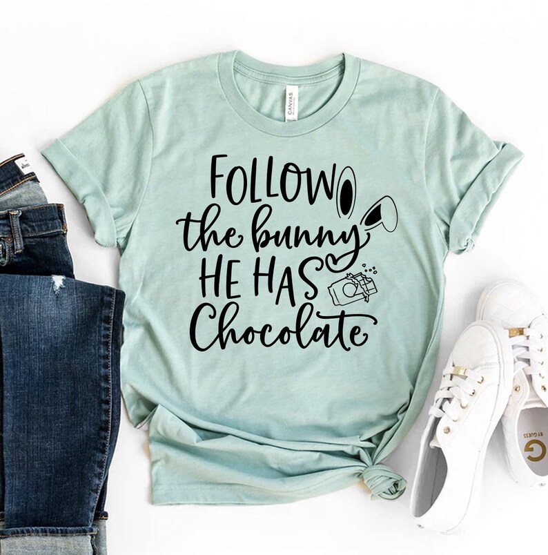 Follow The Bunny He Has Chocolate T-shirt, Easter Shirts, Rabbit Tshirt, Holiday Shirt, Bible Gift, Women's Christian Top, Religious Shirts image 1