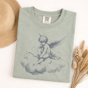 Comfort Colors cherub on cloud t-shirt, vintage angel graphic tee, aesthetic cupid shirt, soft washed relaxed fit, celestial art top image 1