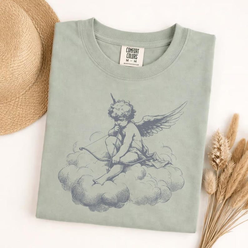 Comfort Colors cherub on cloud t-shirt, vintage angel graphic tee, aesthetic cupid shirt, soft washed relaxed fit, celestial art top image 1