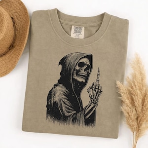 Comfort Colors Grim Reaper Middle Finger T-shirt, Skeleton Sarcastic Dark Humor Graphic Tee, Edgy Rude Funny Skull Shirt image 1