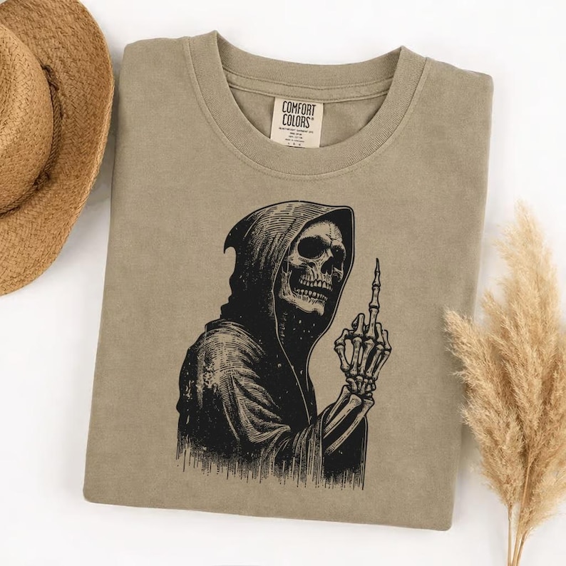 Comfort Colors Grim Reaper Middle Finger T-shirt, Skeleton Sarcastic Dark Humor Graphic Tee, Edgy Rude Funny Skull Shirt image 1