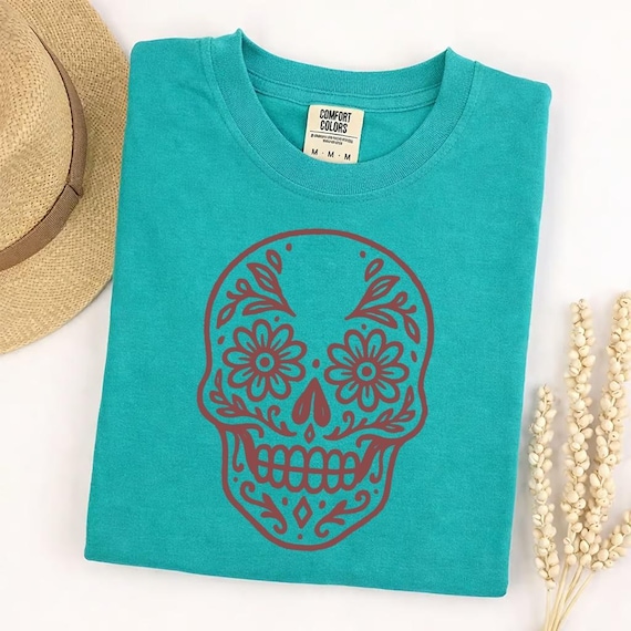Comfort Colors Sugar Skull T-Shirt, Dia de los Muertos Floral Skull Tee, Day of the Dead Calavera Graphic Shirt, Mexican Fiesta Gift