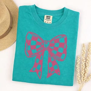 Comfort Colors checkered bow t-shirt, cute graphic tee, trendy bow shirt, aesthetic gift for her, soft vintage style, casual everyday top image 6