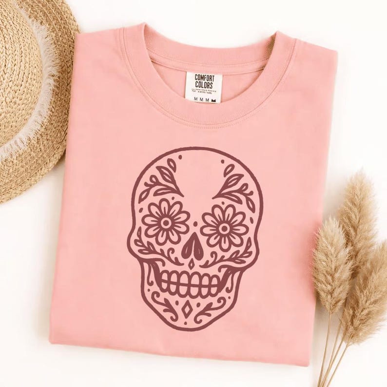 Comfort Colors Sugar Skull T-Shirt, Dia de los Muertos Floral Skull Tee, Day of the Dead Calavera Graphic Shirt, Mexican Fiesta Gift image 5