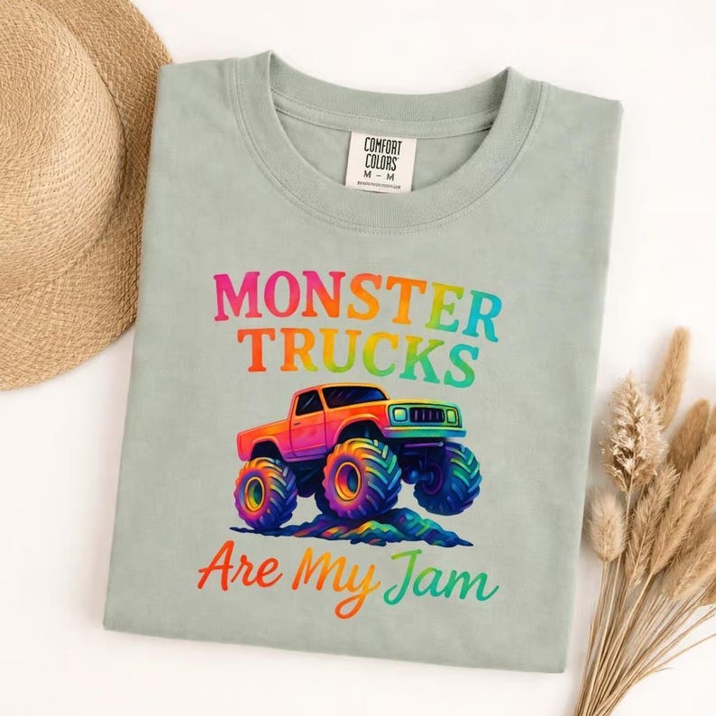 Comfortkleuren Monster Trucks Are My Jam T-shirt, retro vintage T-shirt, Big Wheels Racing verjaardagscadeau voor kinderen en volwassenen afbeelding 6