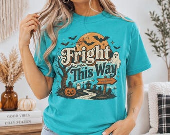 Fright This Way Comfort Colors Sweatshirt | Horror Halloween Graphic Tee | Spooky Graveyard Bat Print Cozy Fall Sweater