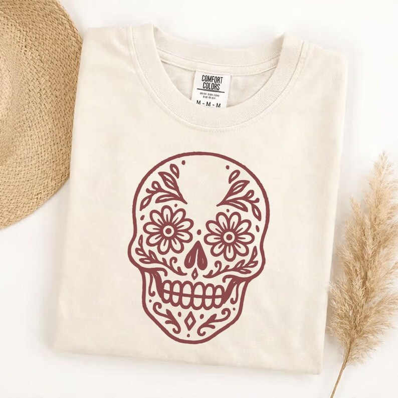 Comfort Colors Sugar Skull T-Shirt, Dia de los Muertos Floral Skull Tee, Day of the Dead Calavera Graphic Shirt, Mexican Fiesta Gift image 4
