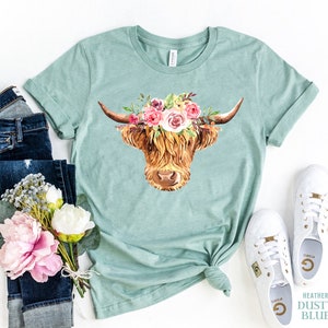 Highland Cow T-Shirt, Cow Shirt, Cow with Flowers Tshirt, Funny Cow Shirt, Farm Tee, Boho T-shirt, Country Farm Shirt, Gift For Girlfriend