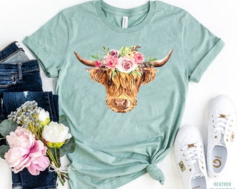 Highland Cow T-Shirt, Cow Shirt, Cow with Flowers Tshirt, Funny Cow Shirt, Farm Tee, Boho T-shirt, Country Farm Shirt, Gift For Girlfriend