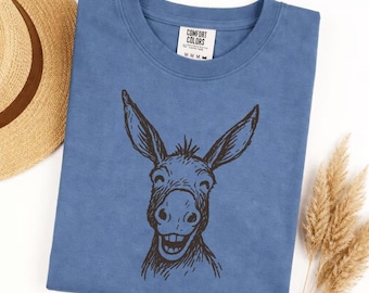 Comfort Colors Funny Smiling Donkey Face T-Shirt, Cute Animal Lover Tee, Grinning Farm Animal Gift, Unisex Pet Donkey Shirt