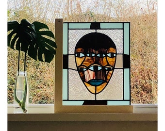 Stained glass window, mask modern face glass art