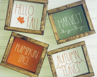 Rae Dunn Inspired Fall and Thanksgiving wooden framed signs. Hello Fall, Pumpkin Spice, Autumn Leaves, Harvest, Blessed, Gather, Give Thanks