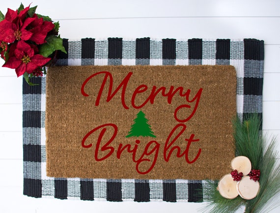 Merry Bright Coir Doormat Christmas Decor Pine Tree Welcome Mat December 25 Custom Doormat Housewarming Gift Winter Decor