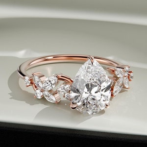 Gold Floral Pear Lab Diamond Engagement Ring, Marquise & Round Diamond Ring, 2.00ct Lab Diamond Ring, Unique Gold Wedding Ring