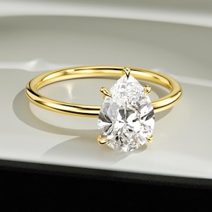 Pear Cut Lab Diamond Engagement Ring, Gold Solitaire Ring, Minimalist Bridal Ring, Classic Wedding Ring, Promise Ring for Women