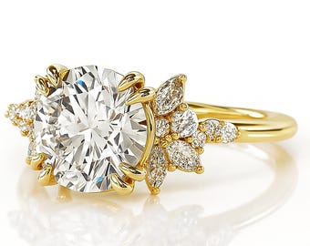 Anillo de compromiso con diamantes redondos de 2,02 ct: oro rosa con detalles florales de marquesa