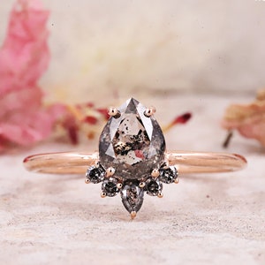 Engagement ring Salt and pepper pear diamond Art deco ring Small finger ring Affordable ring Clear diamond ring 14K solid gold ring