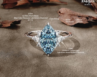 Anillo de diamantes cultivados en laboratorio con corte marquesa azul: oro macizo, compromiso, aniversario