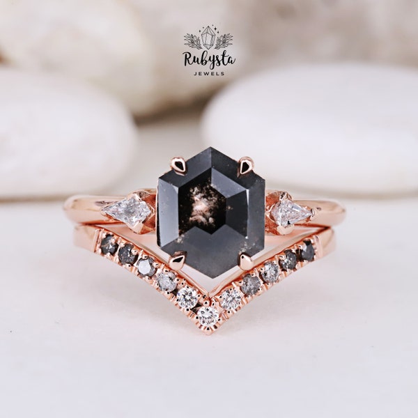 Buy Engagement ring online | Hexagon cut ring | Stackable wedding bands for women | Salt and pepper diamond | Diamond rings for women