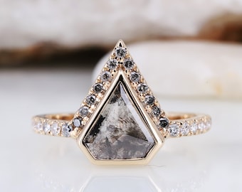 Salt and pepper geometric diamond ring Engagement ring unique bezel setting mothers ring aesthetic ring - Rubysta