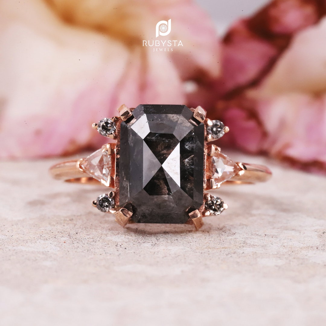 Salt and Pepper Diamond Ring Engagement Ring Emerald Etsy