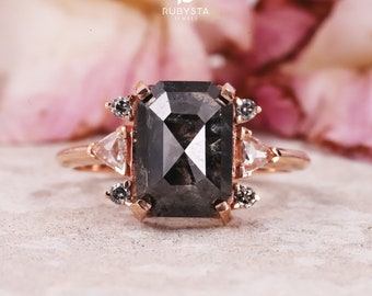 Salt and Pepper Emerald Diamond Engagement Ring: 14k Gold Proposal Ring
