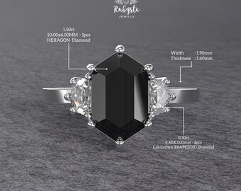 Anillo de compromiso con diamante negro hexagonal • Anillo de diamante trapezoidal de tres piedras • Anillo de diamante negro de 1,50 ct • Joyería fina personalizable