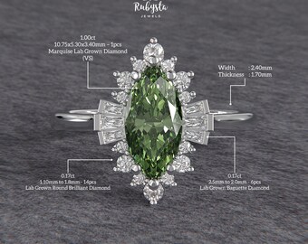 Anillo de compromiso con diamante verde marquesa en forma de sol, anillo Art Déco con halo de baguette, anillo nupcial vintage con diamante cultivado en laboratorio, anillo de oro blanco