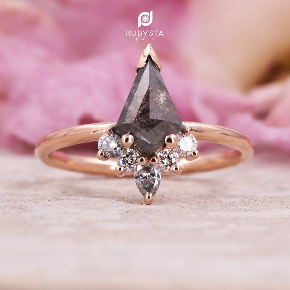 14k Gold Salt Pepper Kite Diamond Engagement Ring