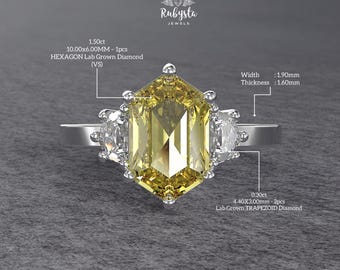 Anillo diamante amarillo hexágono • Tres piedras • Laterales trapecio • Hecho a mano