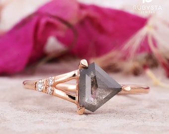 Salt and Pepper Pentagon Diamond Ring | Engagement Ring | Pentagon Diamond Ring | Pentagon Gold Ring | Art Deco Ring | Natural Diamond Ring