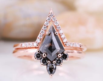 Kite Cut Salt & Pepper Diamond Engagement Ring with Stacking Band