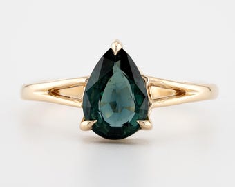Pear Cut Green Sapphire Engagement Ring: 14k Gold Anniversary Ring
