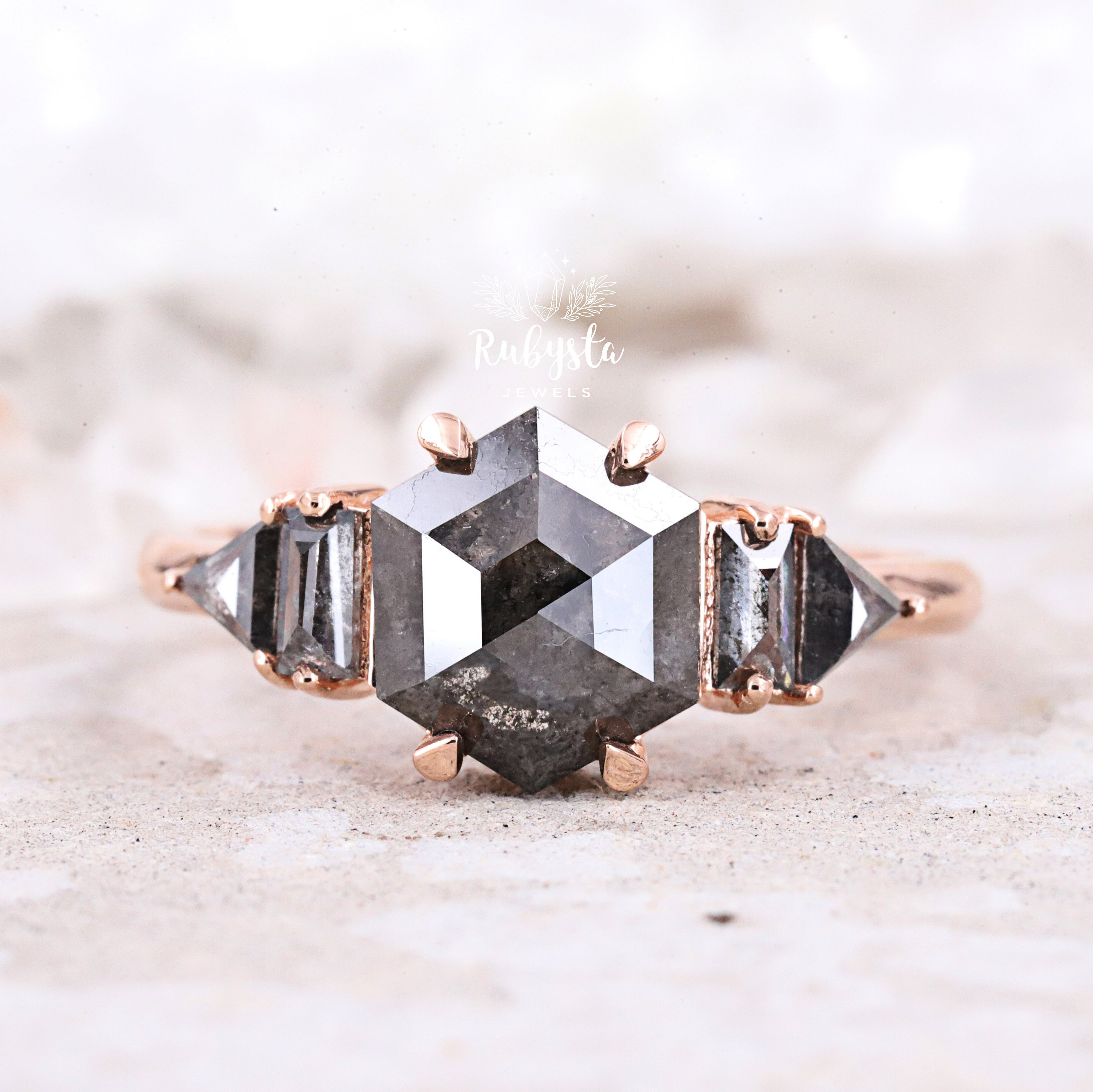 Salt and Pepper Hexagon Diamond Ring Engagement Ring layering dainty ring art deco ring - Rubystathumbnail