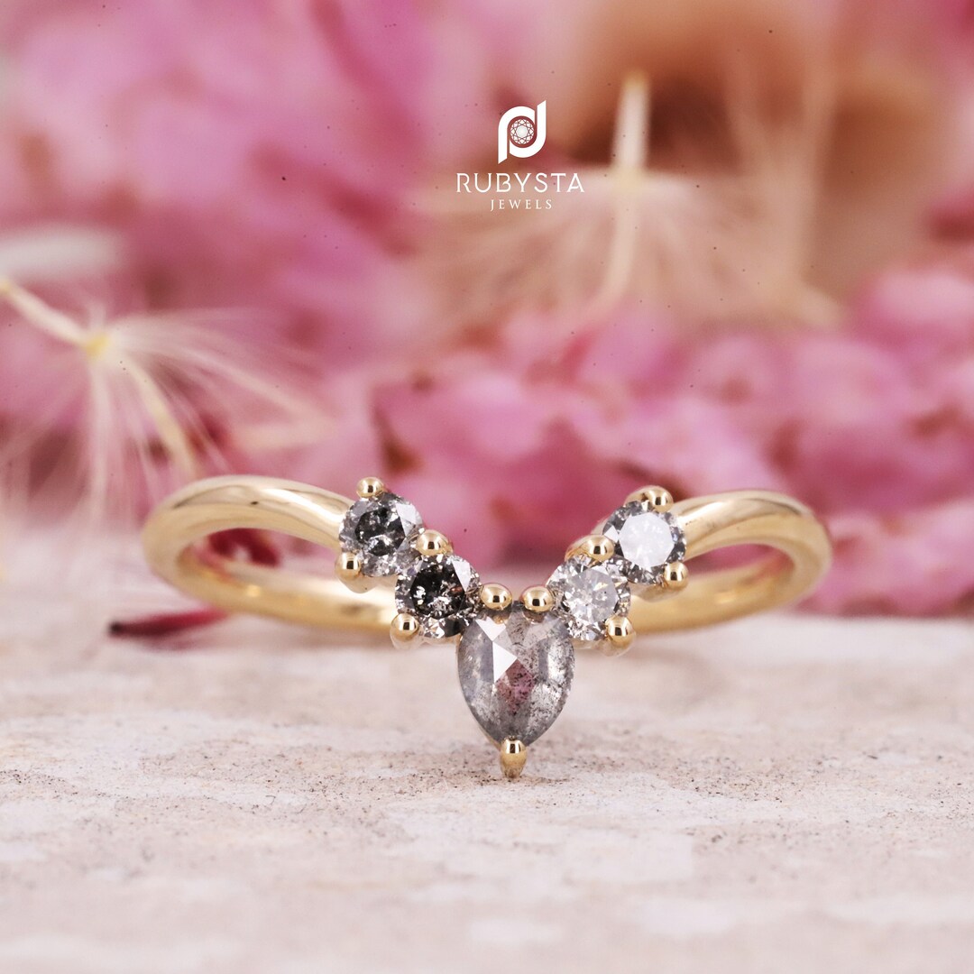 Salt and Pepper Pear Diamond Ring Pear Stackable Ring Etsy