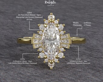 Anillo de compromiso con diamante talla marquesa con diseño de rayos de sol, anillo con halo de baguette estilo art déco, anillo nupcial de inspiración vintage con diamante cultivado en laboratorio, anillo de oro amarillo
