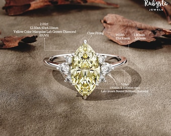 Anillo de compromiso solitario de oro de 14 k con diamantes amarillos cultivados en laboratorio de 2 quilates y talla marquesa.