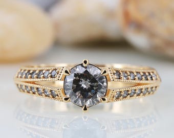 Salt & Pepper Diamond Engagement Ring: 14K Yellow Gold Vintage Wedding Ring