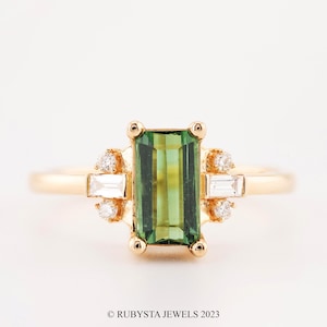 Tourmaline Ring, Green Emerald Ring, 14K Solid Gold Ring, Unique Engagement Ring, Gift for Her - Rubysta