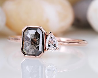 Salt and Pepper Emerald Diamond Engagement Ring: 14k Gold Bride Ring