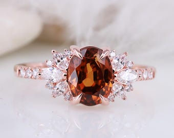 Natural Brown Zircon Ring, 2.07ct Oval Gemstone with Diamond Halo