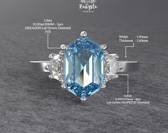 Anillo Hexagonal Diamante Azul Lab • Anillo de Compromiso Tres Piedras • Diamantes Trapezoides