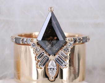 Kite Cut Salt and Pepper Diamond Engagement Ring with Stacking Band
