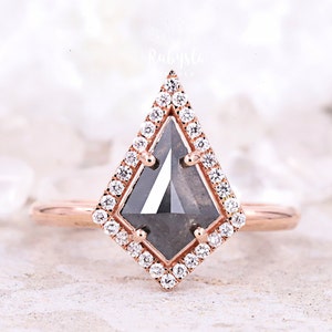 14K solid gold ring Engagement ring Full halo setting salt and pepper kite cut ring Wedding ring Proposal ring Art deco vintage ring